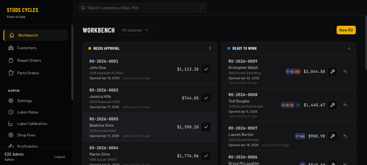 Studs Cycles POS — Workbench view