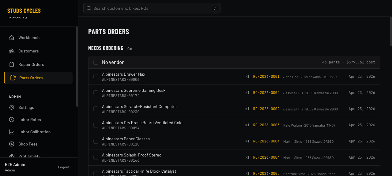Parts Orders pane