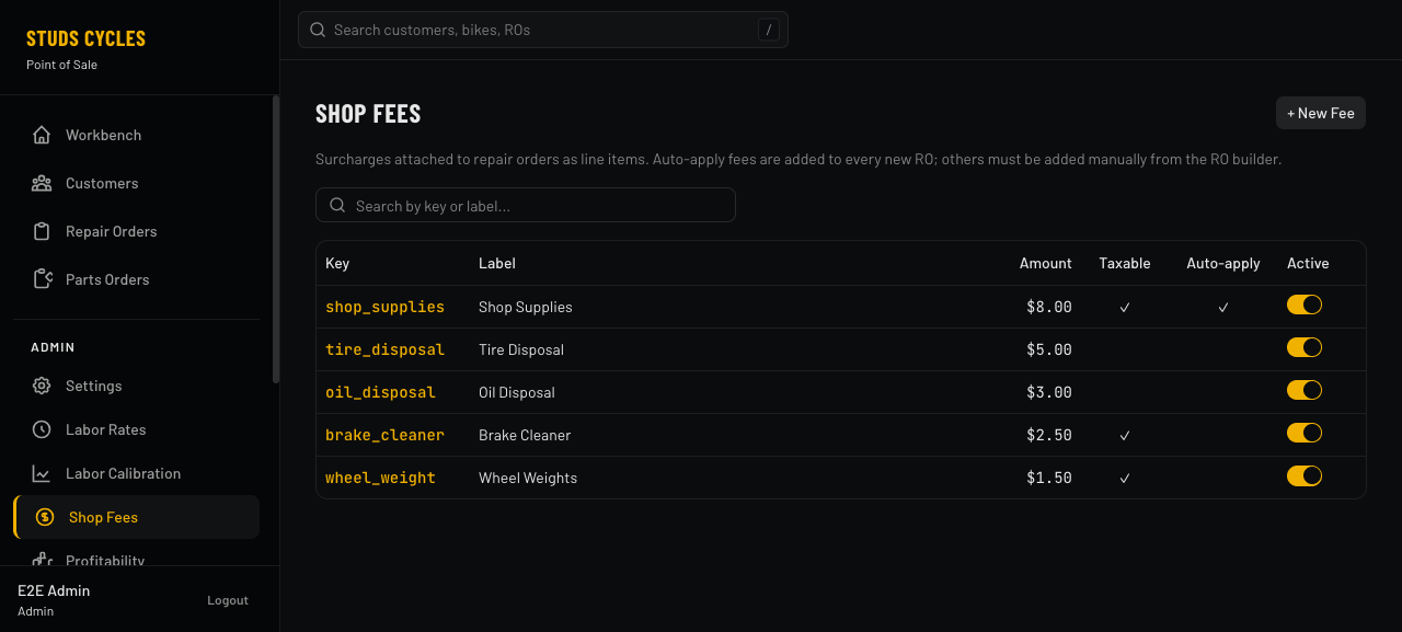 Shop fees catalog